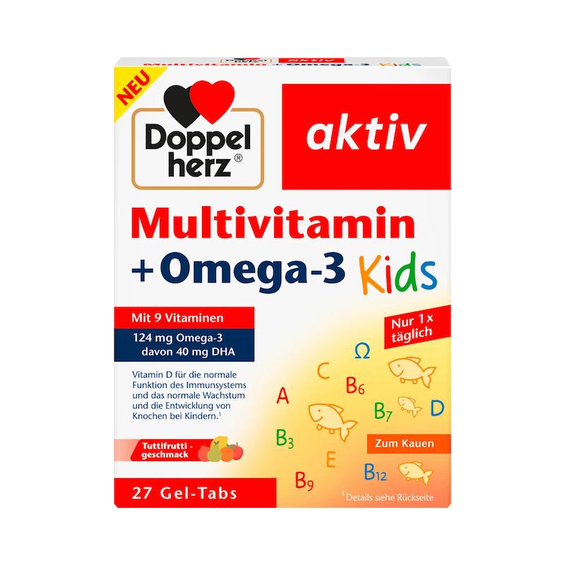 مکمل مولتی‌ویتامین + امگا 3 کودکان اصل آلمان داپل‌هرتز  – 27 عدد ژل‌تب(Doppelherz Multivitamin + Omega 3 Kids Gel-Tabs)