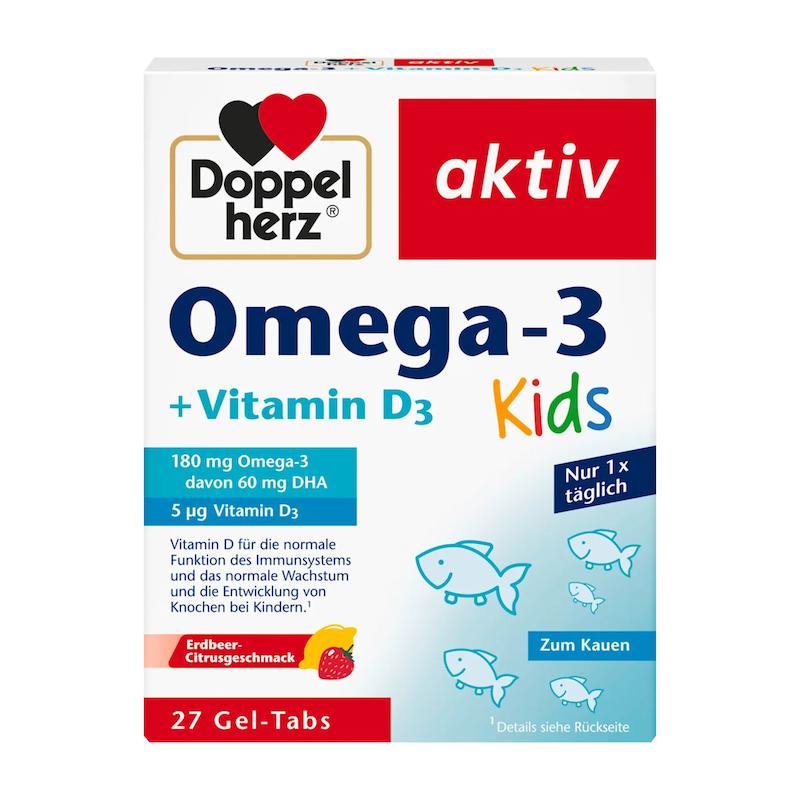 مکمل  امگا 3 کودکان اصل آلمان داپل‌هرتز– 27 عدد ژل‌تب (Doppelherz Omega-3 + Vitamin D3 Kids Kautabletten)
