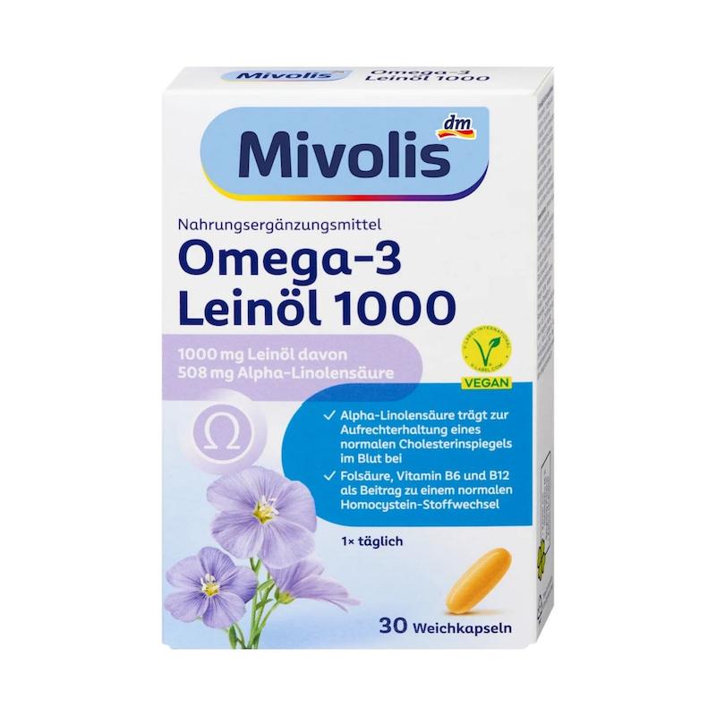 کپسول امگا ۳ گیاهی بذر کتان 1000 میولیس اصل آلمان، 30 عددی (Mivolis Omega-3 Leinöl 1000)