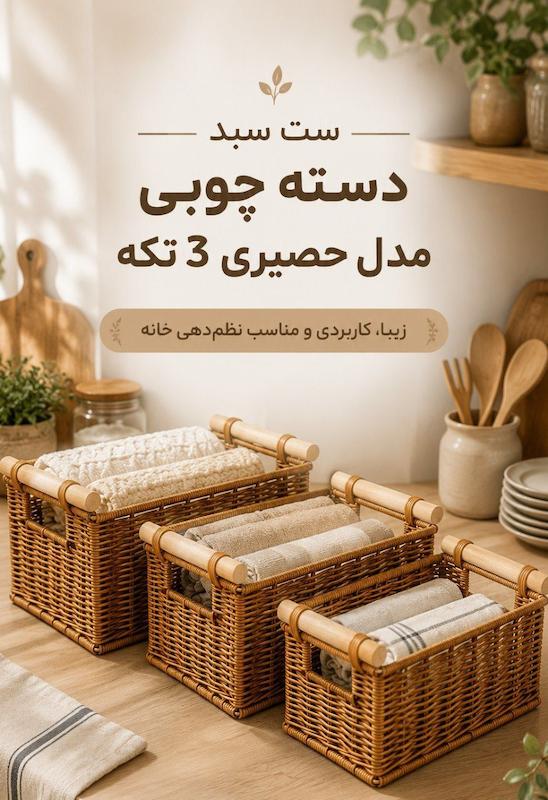 ست 3 تکه سبد حصیری دسته چوبی