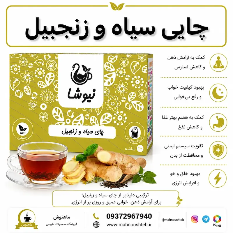 دمنوش چای سیاه و زنجبیل نیوشا 