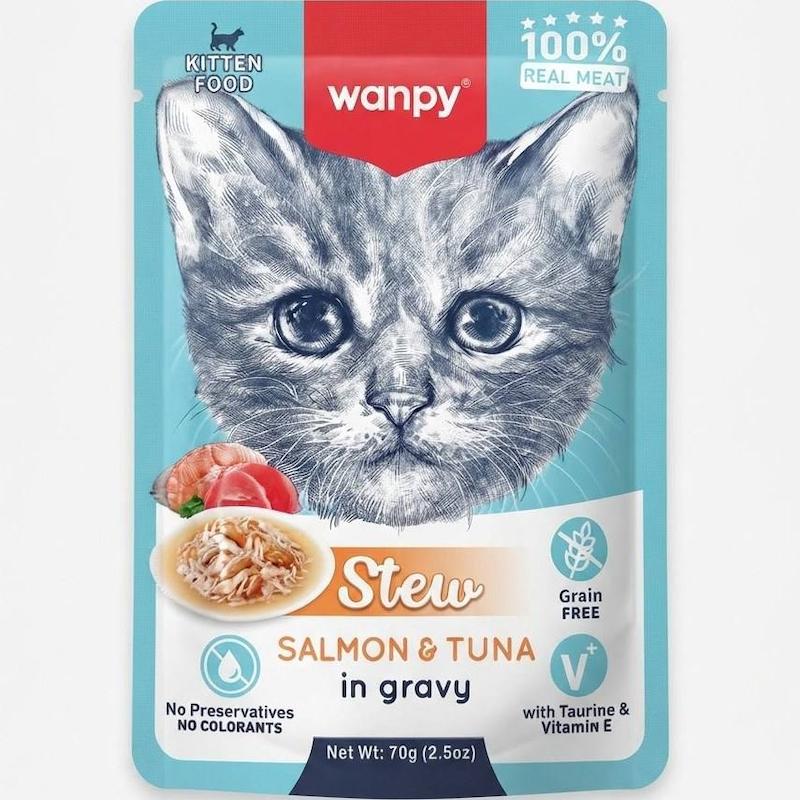 پوچ بچه گربه ونپی مدل خورشتی با طعم ماهی سالمون و ماهی تن در سس 70 گرمی