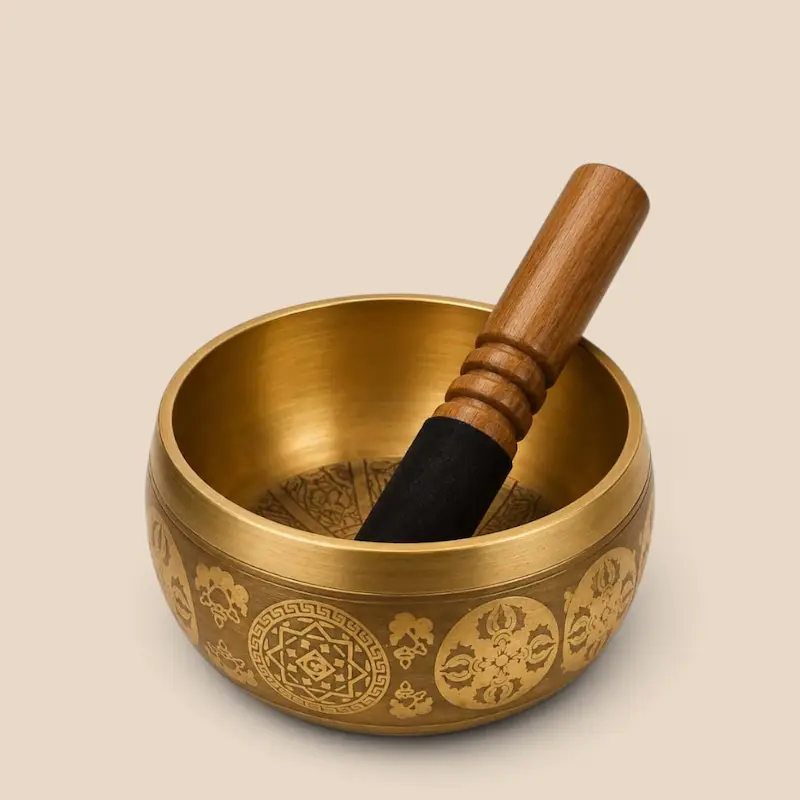 کاسه تبتی با مضراب چوبی مناسب مدیتیشن، یوگا، صدادرمانی و متعادل‌سازی چاکرا