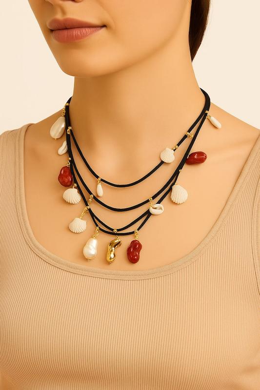 گردنبند طناب 3 رج مروارید صدف