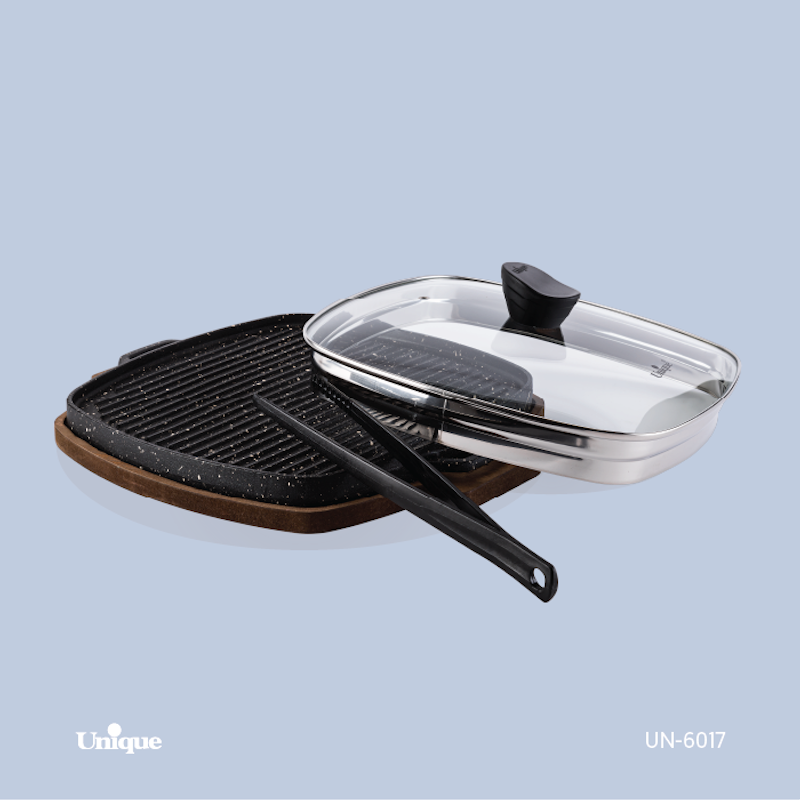 تابه گریل مربع بزرگ با چوب با انبر یونیک UN-6017