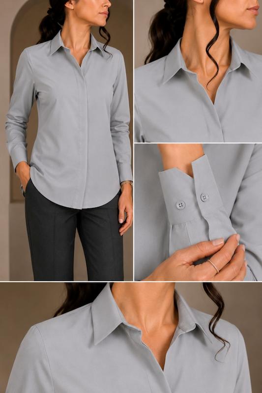 شومیز بیسیک M161 Gray، شومیز زنانه، شومیز زیر کتی، شومیز برای استایل های کژوال، شومیز دخترانه، بهترین دوخت شومیز، شومیز slim fit، شومیز یقه کلاسیک