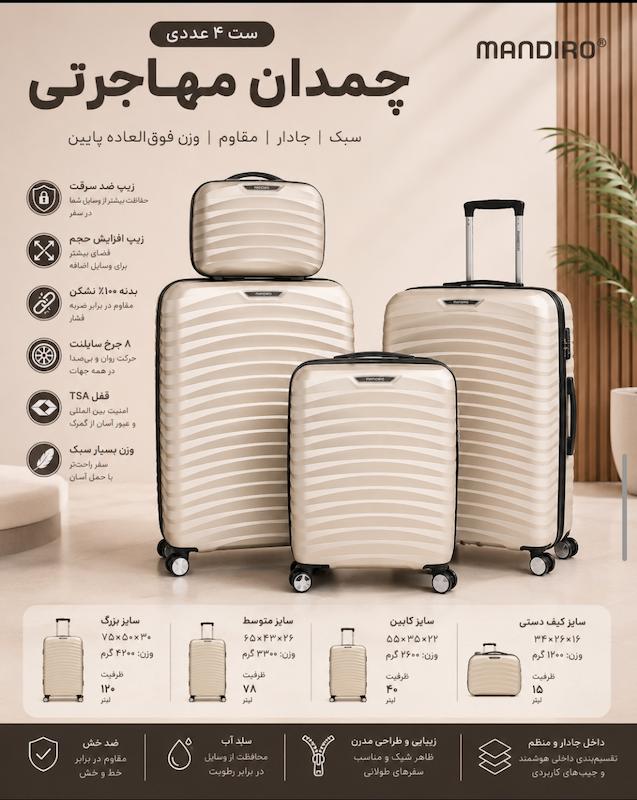 چمدان کلاس مهاجرتی ماندیرو اورجینال صد در صد نشکن مدلRO01
