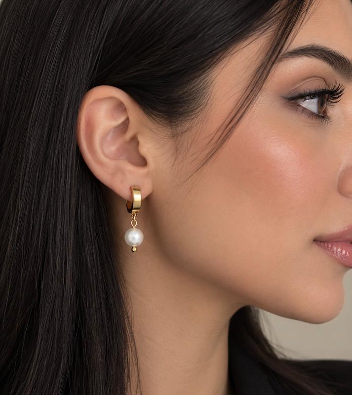 گوشواره حلقه ای پهن با اویز مروارید پرورشی