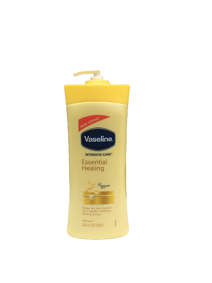 لوسیون بدن وازلین ترمیم کننده پوست خشک با ژل وازلین بدون احساس چربی 725 میلی  Vaseline intensive care body lotion essential healing + vaseline jelly 