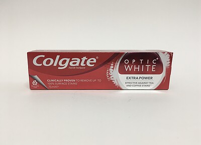 خمیر دندان کلگیت اپتیک وایت موثر در برابر لکه های چای و قهوه 75 میلی colgate fluoride toothpaste optic white extra power effective against tea and coffee stains