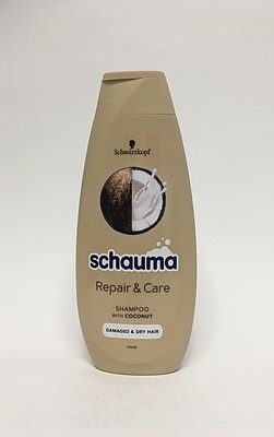 شامپو شوما ترمیم کننده و مراقبت از موهای آسیب دیده و خشک با عصاره نارگیل 400 میلی  schauma repair & care shampoo with coconut for damaged and dry hair