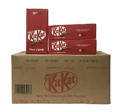 قیمت عمده شکلات کیت کت 2 انگشتی نستله کارتن (16 بسته 36 عددی 17.7 گرمی) Nestle kitkat