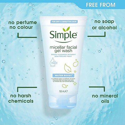 ژل شستشوی صورت سیمپل مناسب پوست خشک مدل میسلار ژل واش حجم 150 میلی Simple Micellar Facial Gel Wash