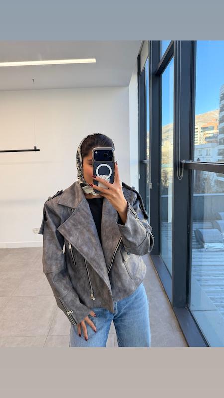 کت چرم اوانگارد طوسی