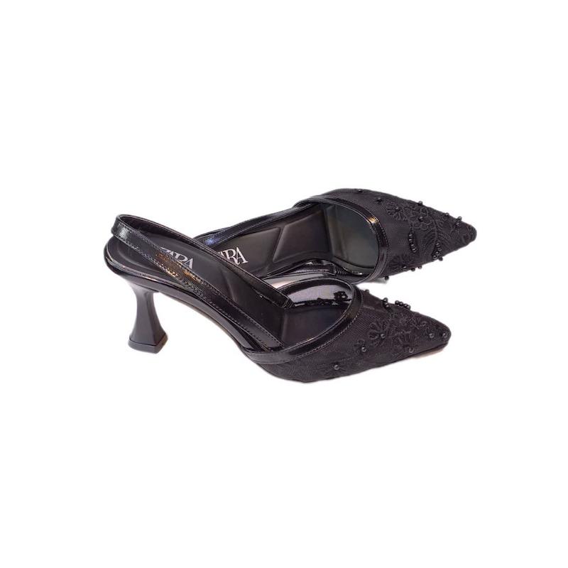 صندل زنانه مجلسی گلدوزی توری جلوبسته پاشنه دار پشت بندی