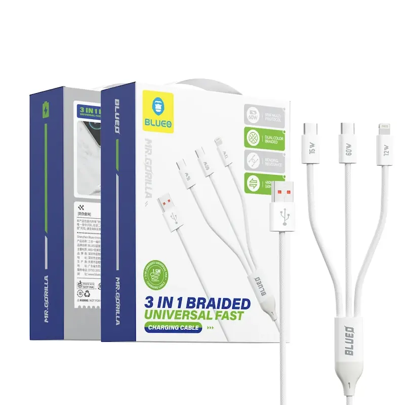 بسته‌بندی کابل سه‌سر بلو Blueo 3 in 1 Braided Universal Fast Charging Cable