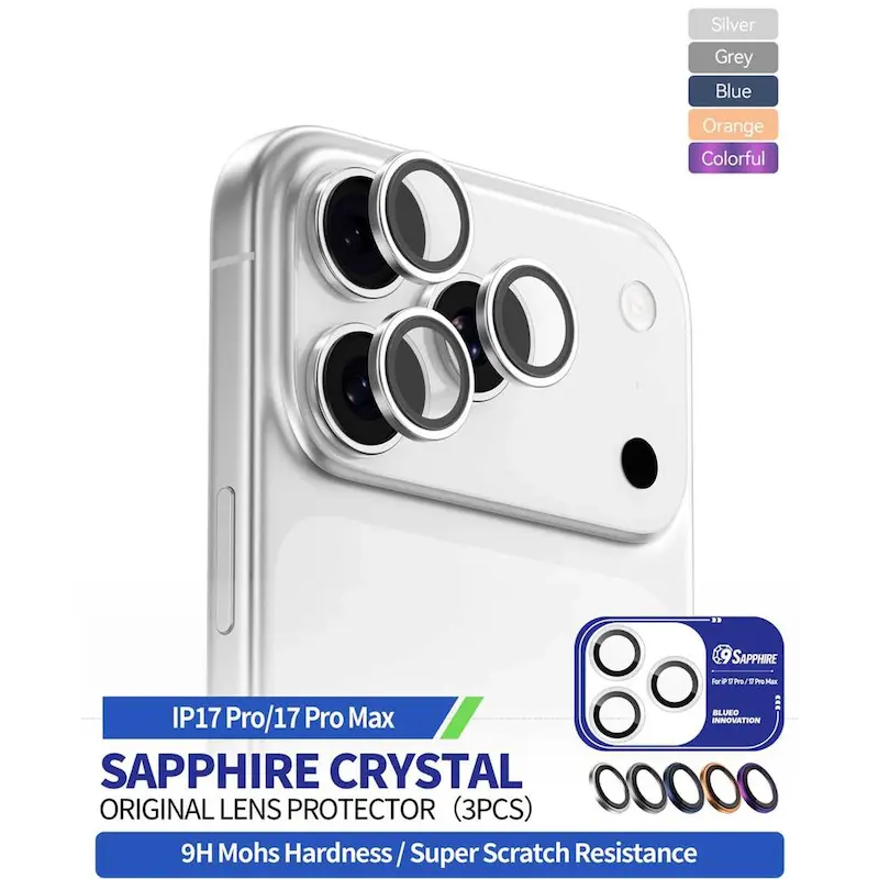 محافظ لنز اورجینال دوربین آیفون Blueo SAPPHIRE رنگ مشکی، گلس یاقوت کبود ضد ضربه و ضد خش با شفافیت بالا و بدون تأثیر بر کیفیت عکس و فیلم‌برداری، عرضه از متیفای