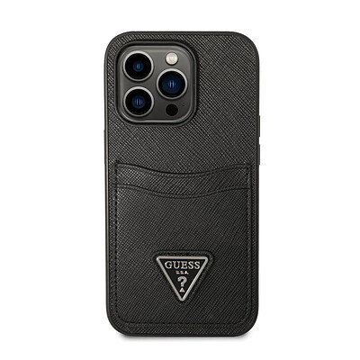 قاب گس جاکارتی دار مناسب برای گوشی موبایل اپل - Guess iPhone PU Black Saffiano Case with Double Cardslot & Metal Triangle Logo 