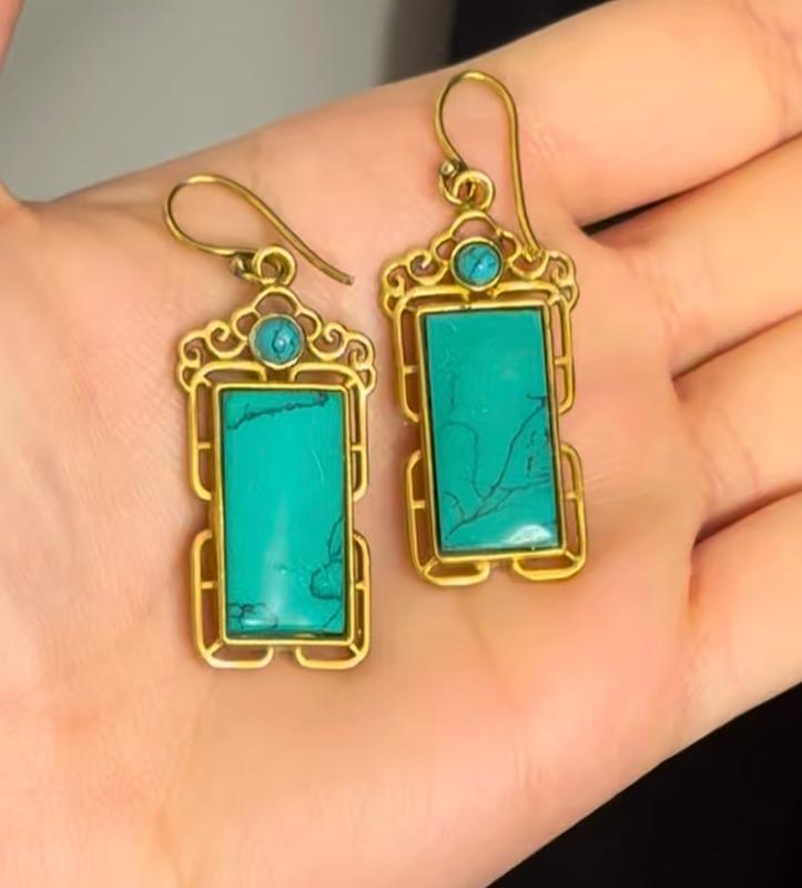 گوشواره فیروزه ای برنجی دستساز 