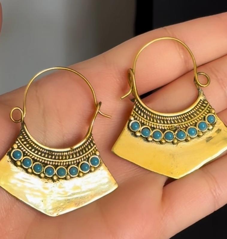 گوشواره کشکولی فیروزه ای برنجی 