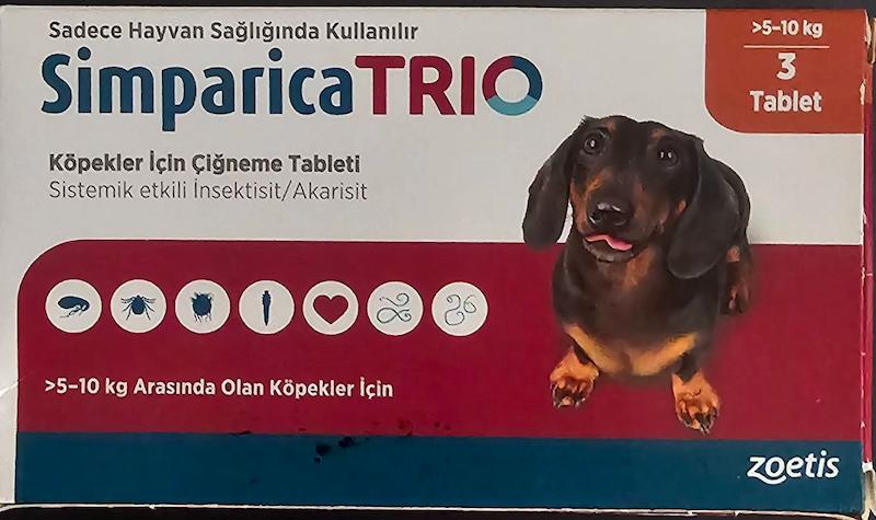 3 عدد قرص جویدنی سیمپاریکا سه ترکیبه سگ وزن 5 تا 10 کیلو 
