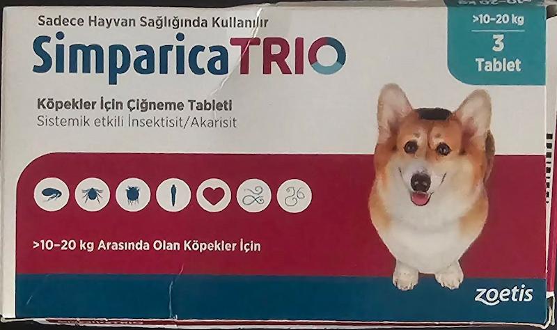 3 عدد قرص جویدنی سیمپاریکا سه ترکیبه سگ وزن 10 تا 20 کیلو