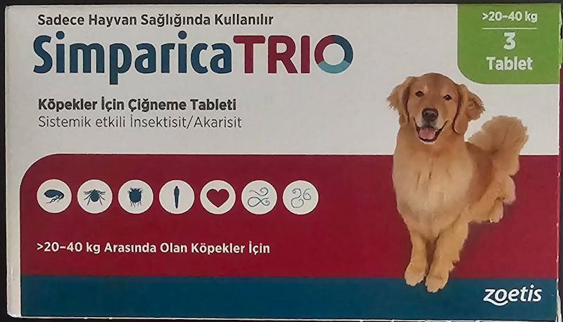 3 عدد قرص جویدنی سیمپاریکا سه ترکیبه سگ وزن 20 تا 40 کیلو 