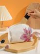 Romwe Pink Base Lily Flower Pattern Octagonal Velvet Cosmetic Bag