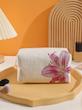 Romwe Pink Base Lily Flower Pattern Octagonal Velvet Cosmetic Bag