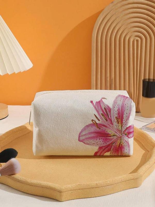 Romwe Pink Base Lily Flower Pattern Octagonal Velvet Cosmetic Bag