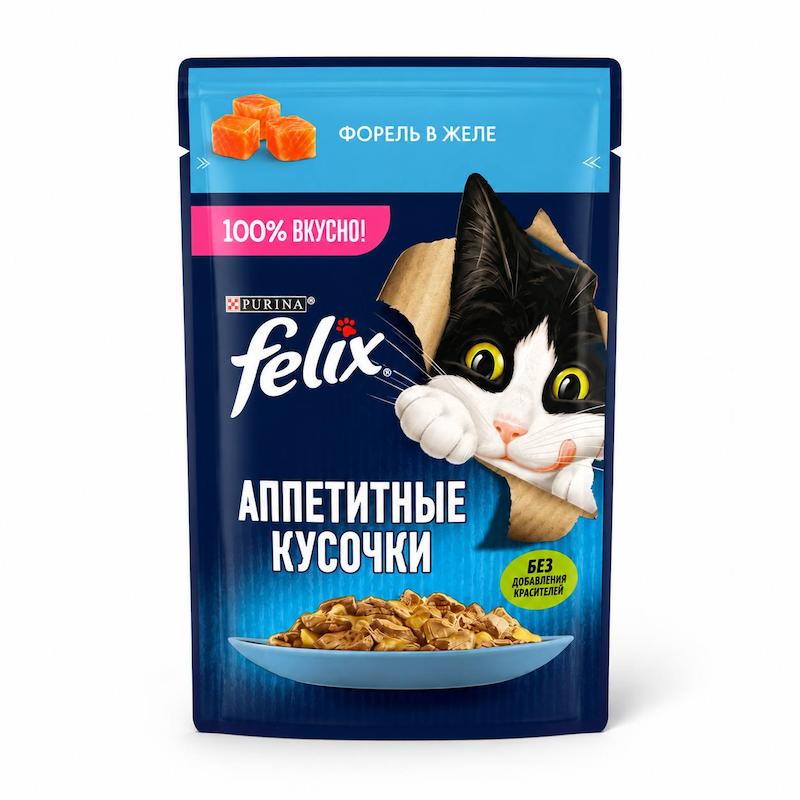 پوچ گربه فلیکس (Felix) با طعم قزل‌آلا در ژله