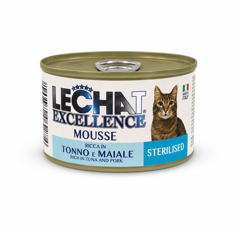کنسرو گربه لچت اکسلنس lechat موس تن و گوشت خوک مخصوص گربه عقیم شده ۸۵ گرمی