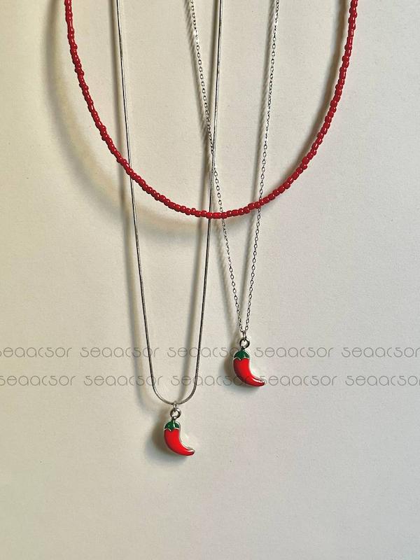 گردنبند زنجیر فلفل منجوق {نقره ای}🌶️