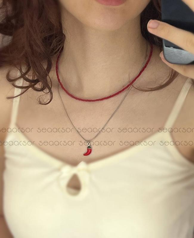 گردنبند زنجیر فلفل منجوق {نقره ای}🌶️