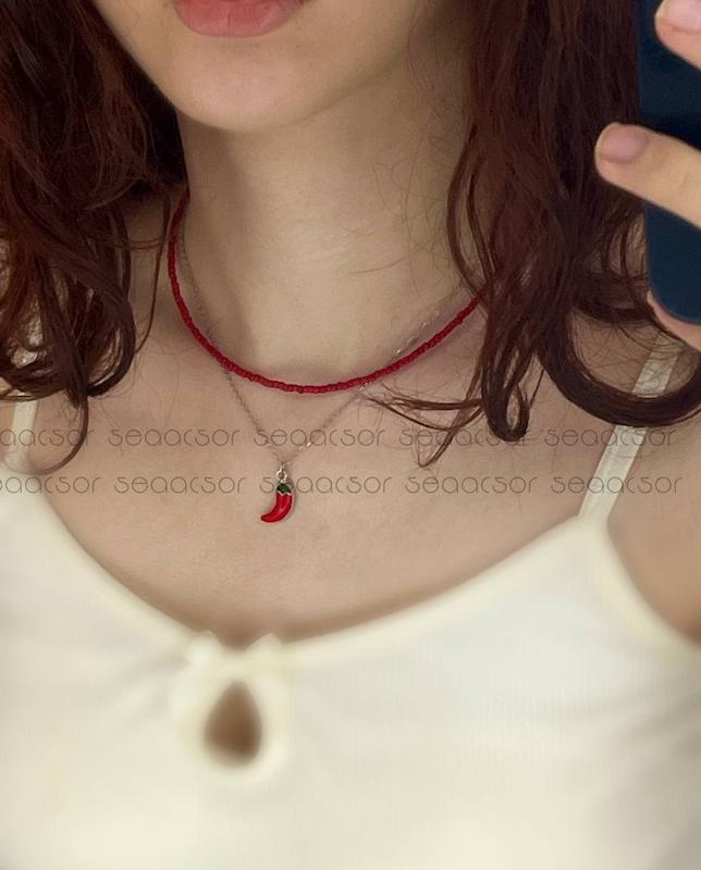گردنبند زنجیر فلفل منجوق {نقره ای}🌶️