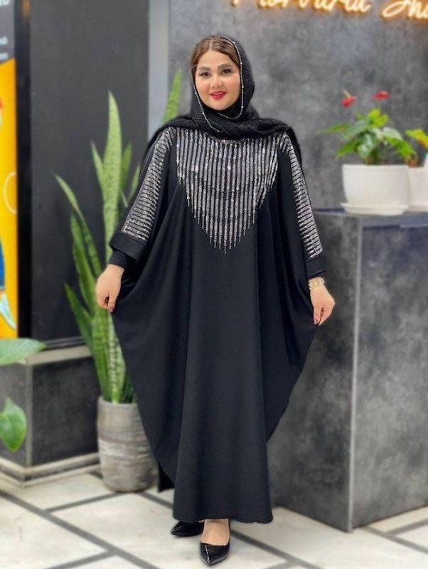 عبا آبشاری زنانه مشکی الیزه درجه یک و شیک نگین حرارتی بدون ریزش سایز ۳۸ تا ۵۴