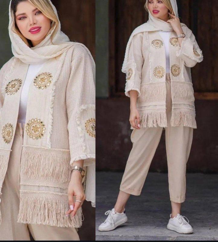 ست کت و شلوار مروارید لنین نچرال هلندی زنانه رنگ کرم و مشکی سایز فری از ۳۸ تا ۴۶ ، ست شومیز و شلوار لنین نچرال زنانه شیک و خنک
