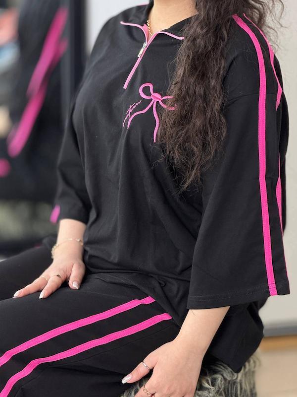 ست تیشرت شلوار زنانه گلکسی پنبه درجه یک در رنگ جذاب مشکی با نوار و پاپیون صورتی فری سایز از۳۸ تا ۴۶
