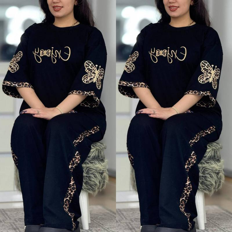 ست تیشرت و شلوار محرمی مشکی آستین پروانه زنانه مشکی پنبه درجه یک واقعی و شیک ، ست تیشرت و شلوار پنبه درجه یک زنانه بدون حساسیت و تعریق سایز ۳۶ تا ۴۶ زنانه