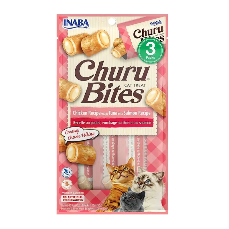 تشویقی نرم گربه اینابا چورو بایتس با طعم مرغ، تن ماهی و سالمون 3 عددی  Inaba Churu Bites Chicken Wraps Tuna with Salmon Recipe