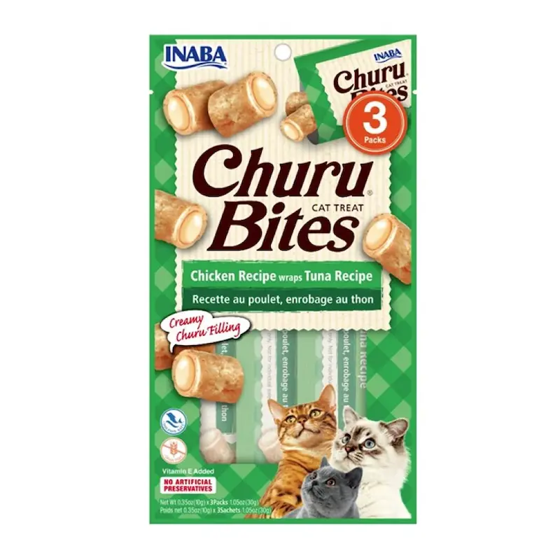 تشویقی نرم گربه اینابا چورو بایتس با طعم مرغ و تن ماهی 3 عددی  Inaba Churu Bites Chicken Wraps Tuna Recipe