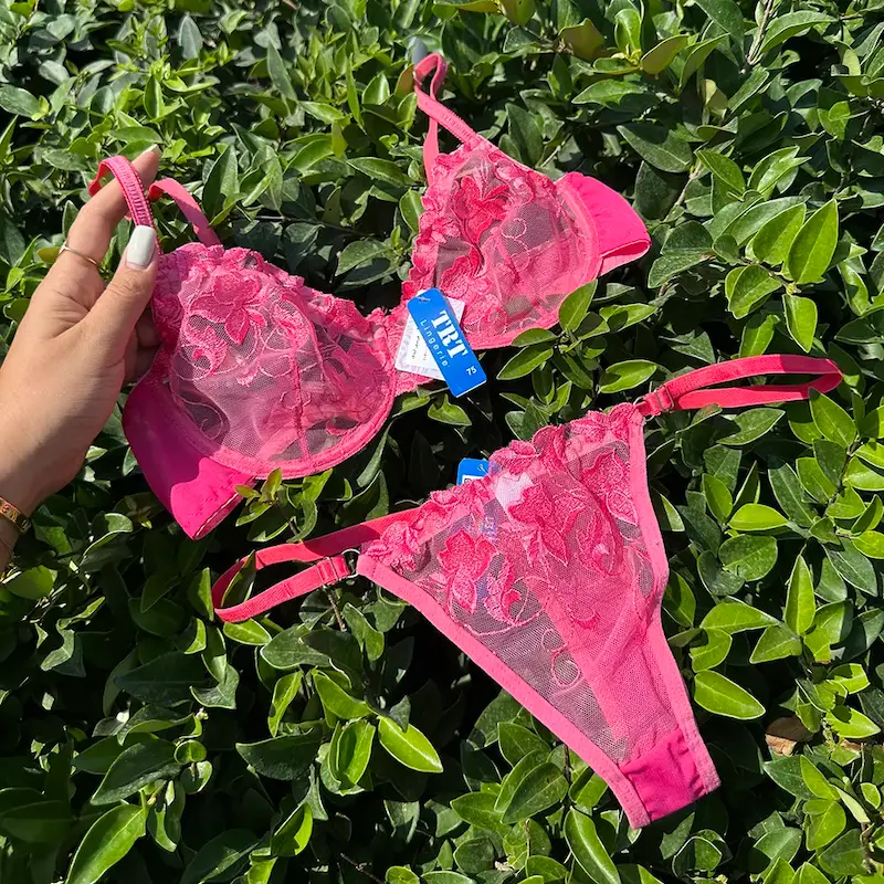 ست شورت و سوتین توری گلدوزی زنانه صورتی 