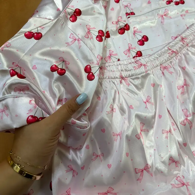 ست ساتن زنانه، لباس خواب زنانه، ست طرح گیلاس