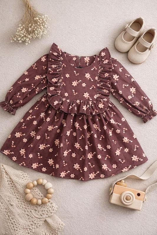 پیراهن بچگانه مخمل کبریتی گلدار