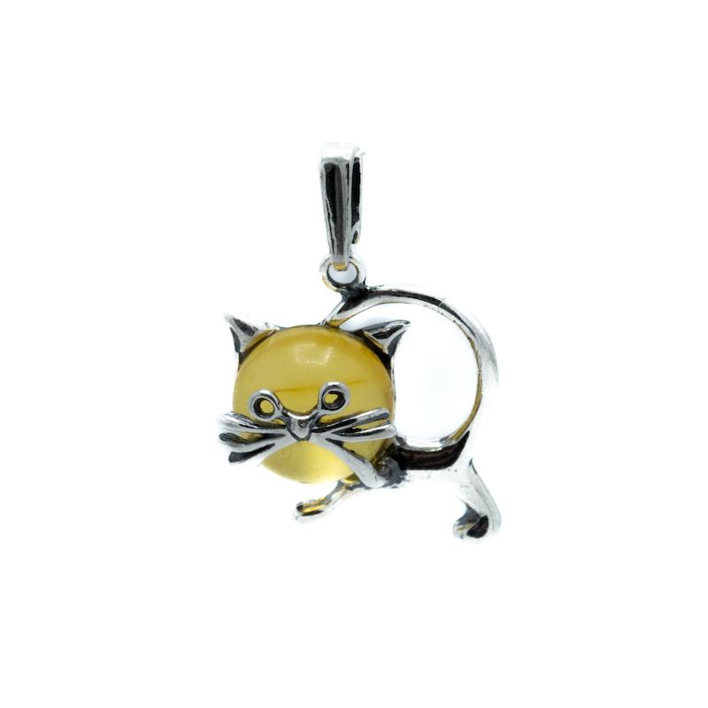 آویز نقره و کهربا، طرح گربه سیبیلو، وارداتی، کد HS07
