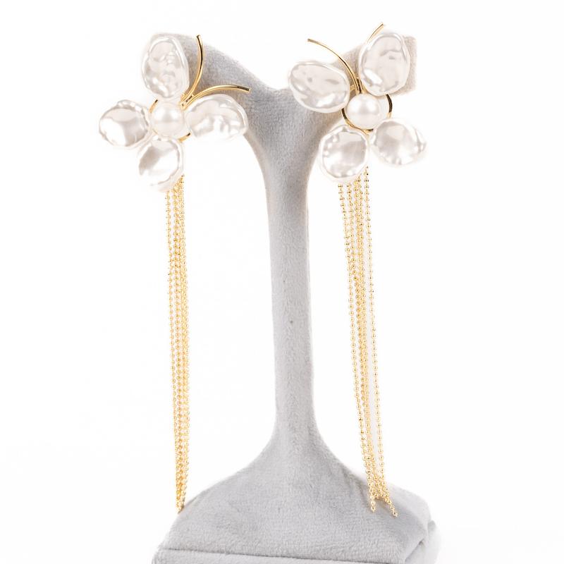 گوشواره میخی، ریسه‌ای، مرواریدی، طرح پروانه، طلایی، کد: A089