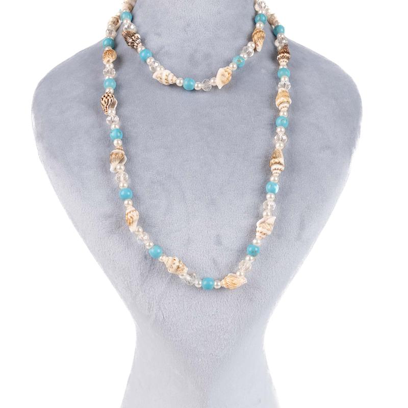 نیمست ساحلی (گردنبند و دستبند)، ترکیب صدف، مهره و مراورید، آبی و سفید کد:E022