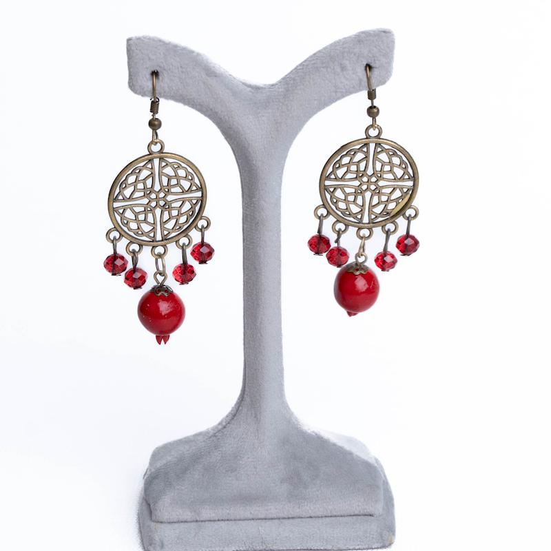 گوشواره یلدایی، طرح سنتی، دریم کچر، برنزی (زاماک)، دارای کریستال و انار، کد:A0119