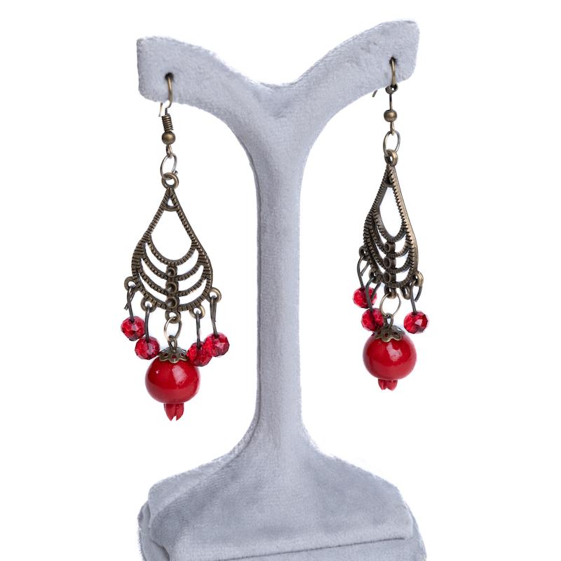 گوشواره یلدایی، طرح سنتی، طرح قطره، برنز (زاماک)، دارای کریستال و انار، کد:A0120