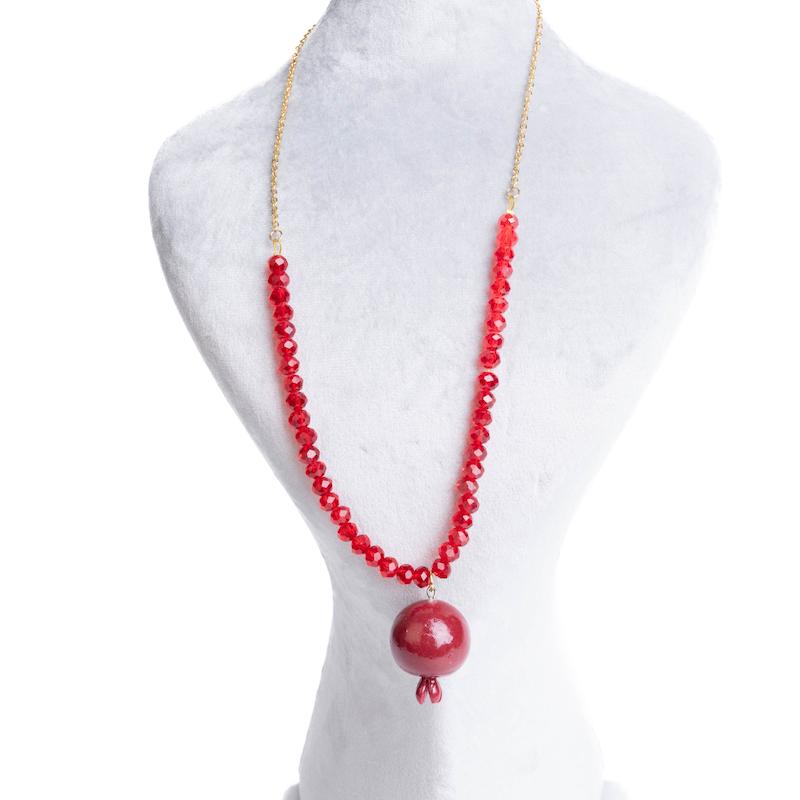 گردنبند یلدایی، زنجیر و کریستال و انار، استیل، کد: D069